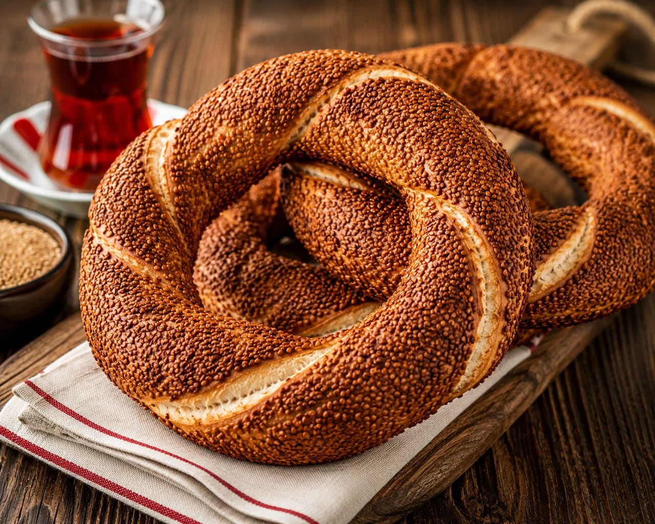 Susamlı simitler ve yanında ince belli bardakta çay